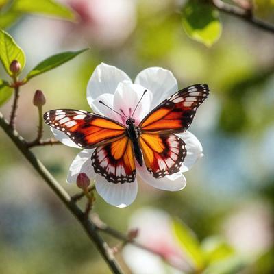 The primary subject of the image is a butterfly perched on a branch of a tree. The setting is an outdoor environment with a tree and a branch. The visual style is a photo of the butterfly in its natural habitat. The colors and mood of the image are vibrant and lively, with the butterfly being the main focus of the scene.